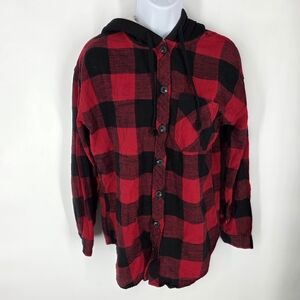 Maurices Cabin Plaid Sherpa Hooded Boyfriend Shirt Women Small